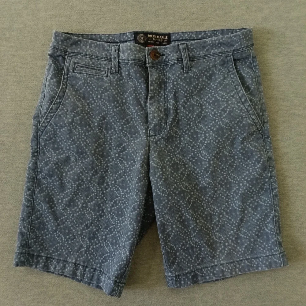 American Eagle Active Flex Slim Shorts Blue White Geometric Dot Print Mens 32
